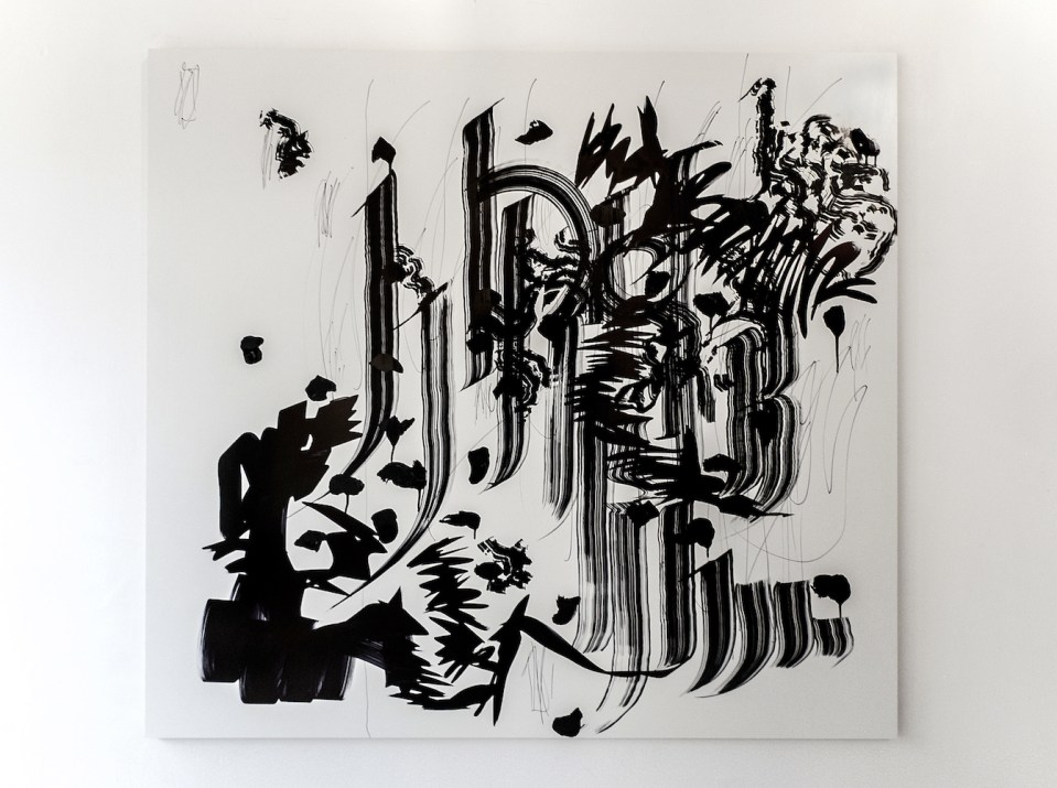 “GAU”, marker, ink on MDF, 110 x 120 cm, TILGallery, London 2015. Daniel Geiger, Oleksiy Koval, Kuros Nekouian, Veronika Wenger. Photo © The Beautiful Formula Collective.