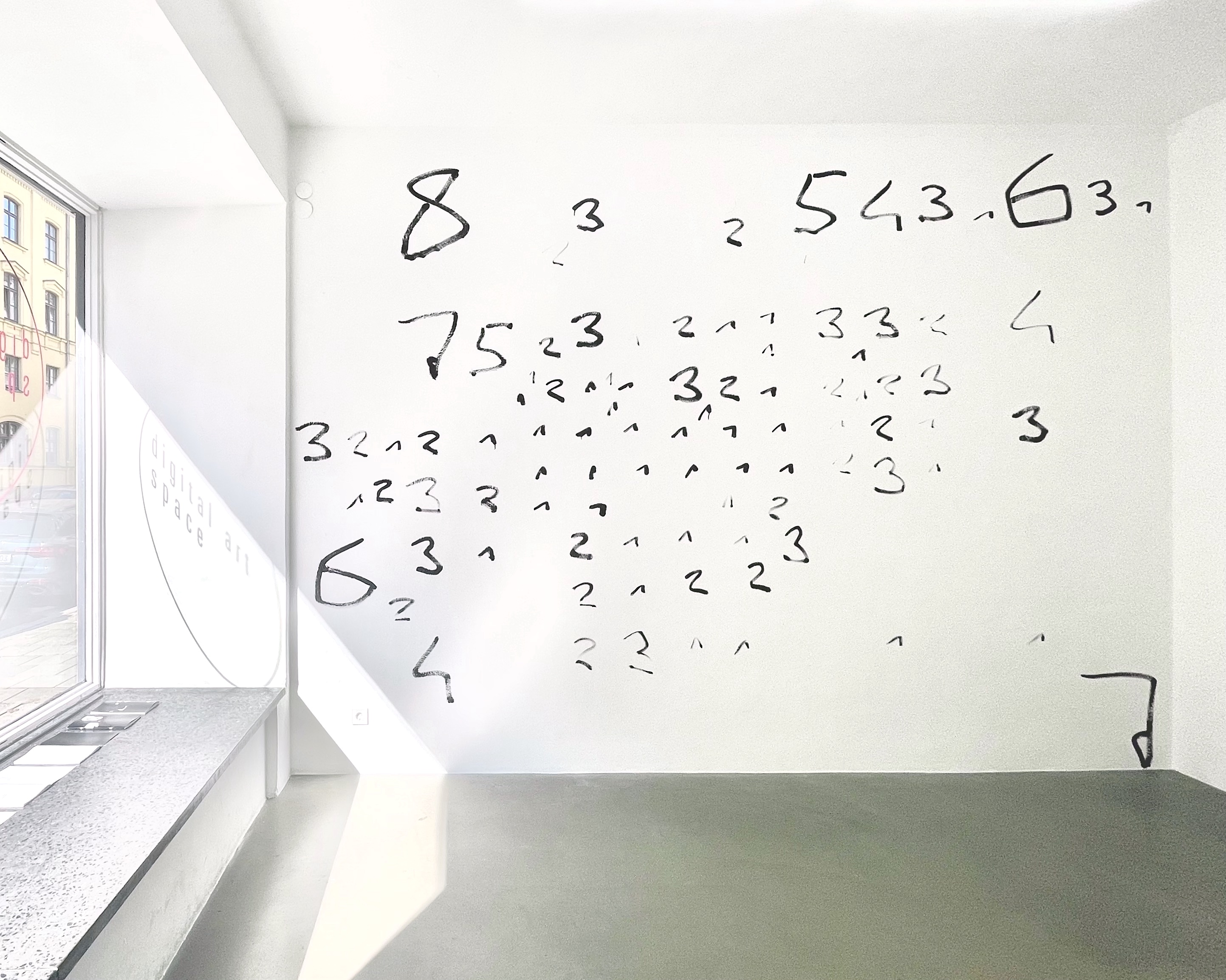 Eins, eins, zwei, drei, fünf
Oleksiy Koval, 2023
340 x 450 cm, ink on wall
Digital Art Space, Munich
Photo: rhythmsection.de