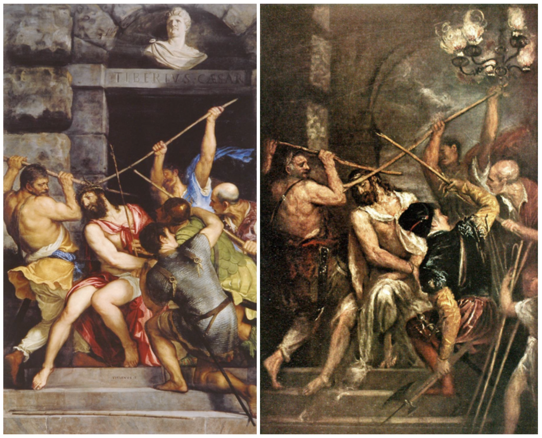 Left: Titian, The Crowning with Thorns, Musée du Louvre (Paris): 1540–1542 (oil on panel, 303 × 180 cm) Right: Titian, The Crowning with Thorns, Alte Pinakothek (Munich): c. 1570 (oil on canvas, 280 × 182 cm)